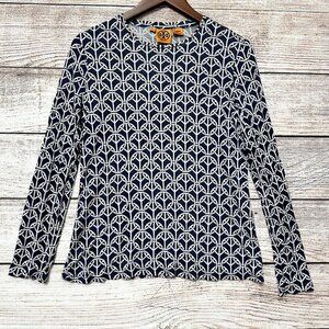 Tory Burch Silk Long Sleeve Top Women’s M Navy White Geometric Print Lightweight
